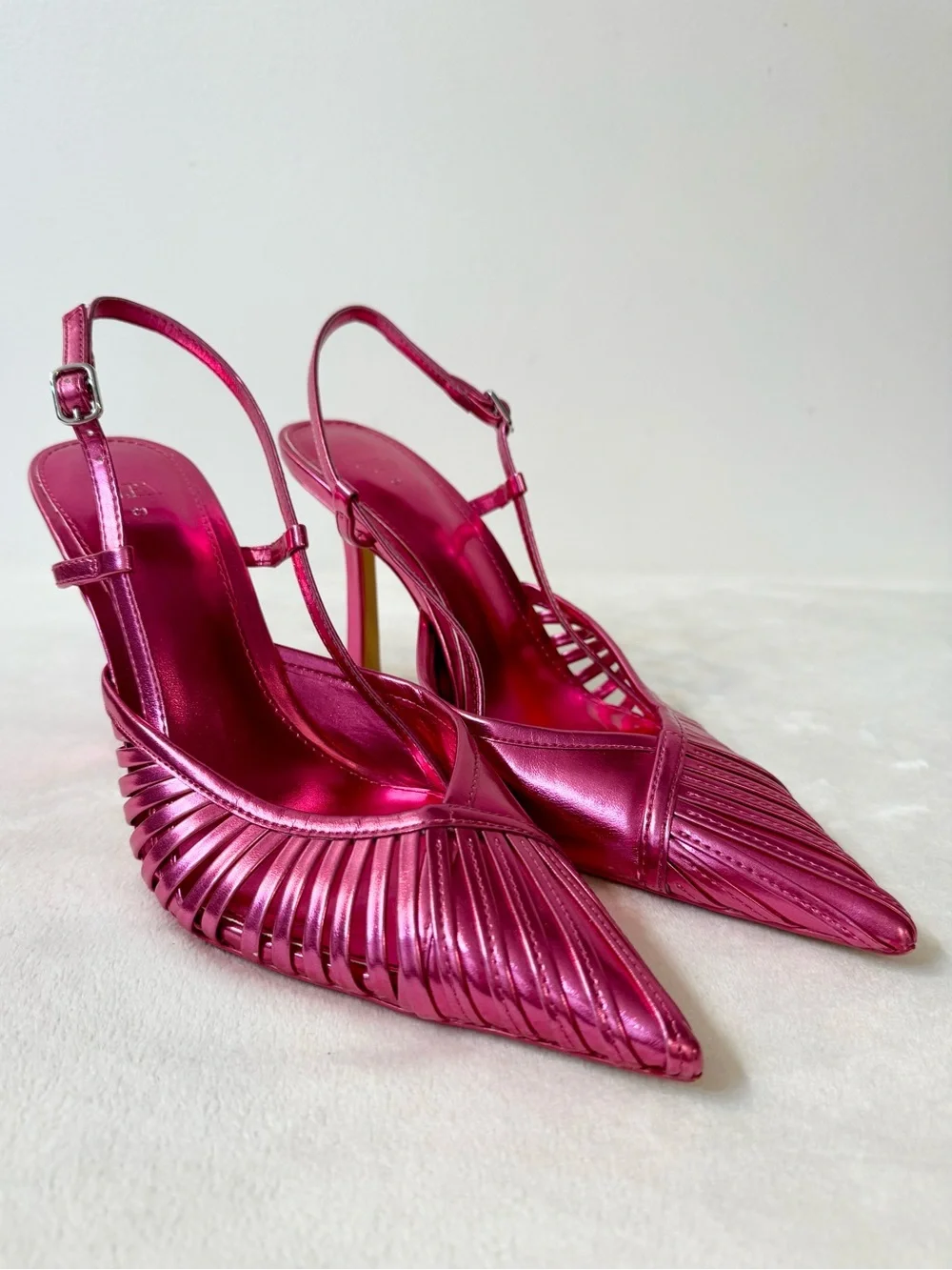 Zara Women’s Pink Metallic Pointy Toe Slingback Pumps Size 39 - Picture 3 of 10